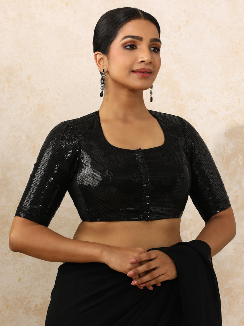 Yashvi x Tyohaar | Elbow Sleeves Black Sequined Saree Blouse with Pot Neck-Binks