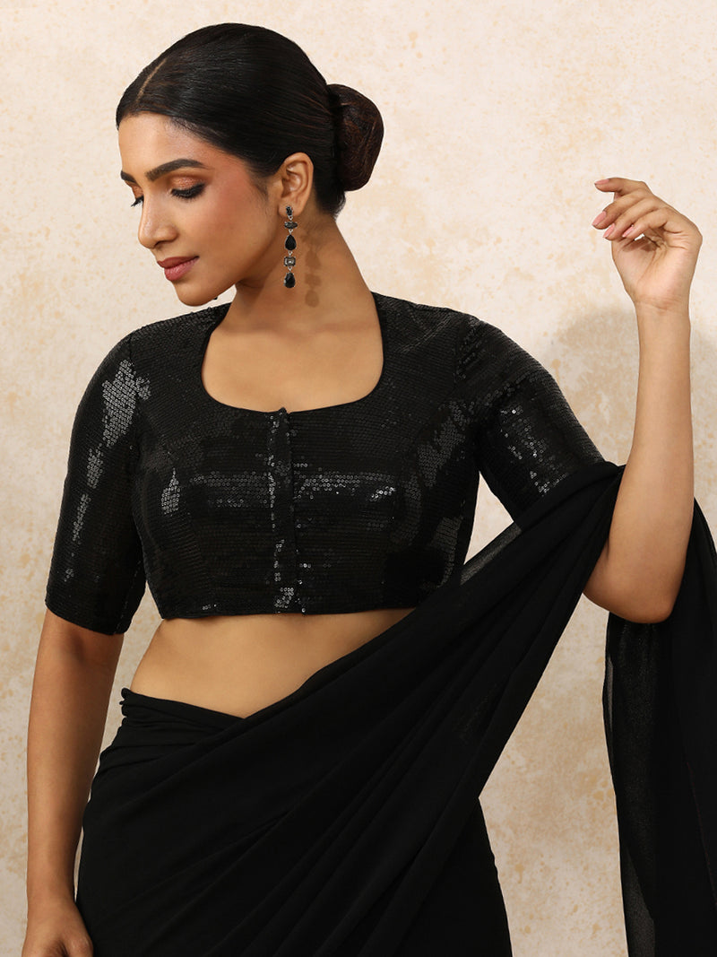 Yashvi x Tyohaar | Elbow Sleeves Black Sequined Saree Blouse with Pot Neck-Binks