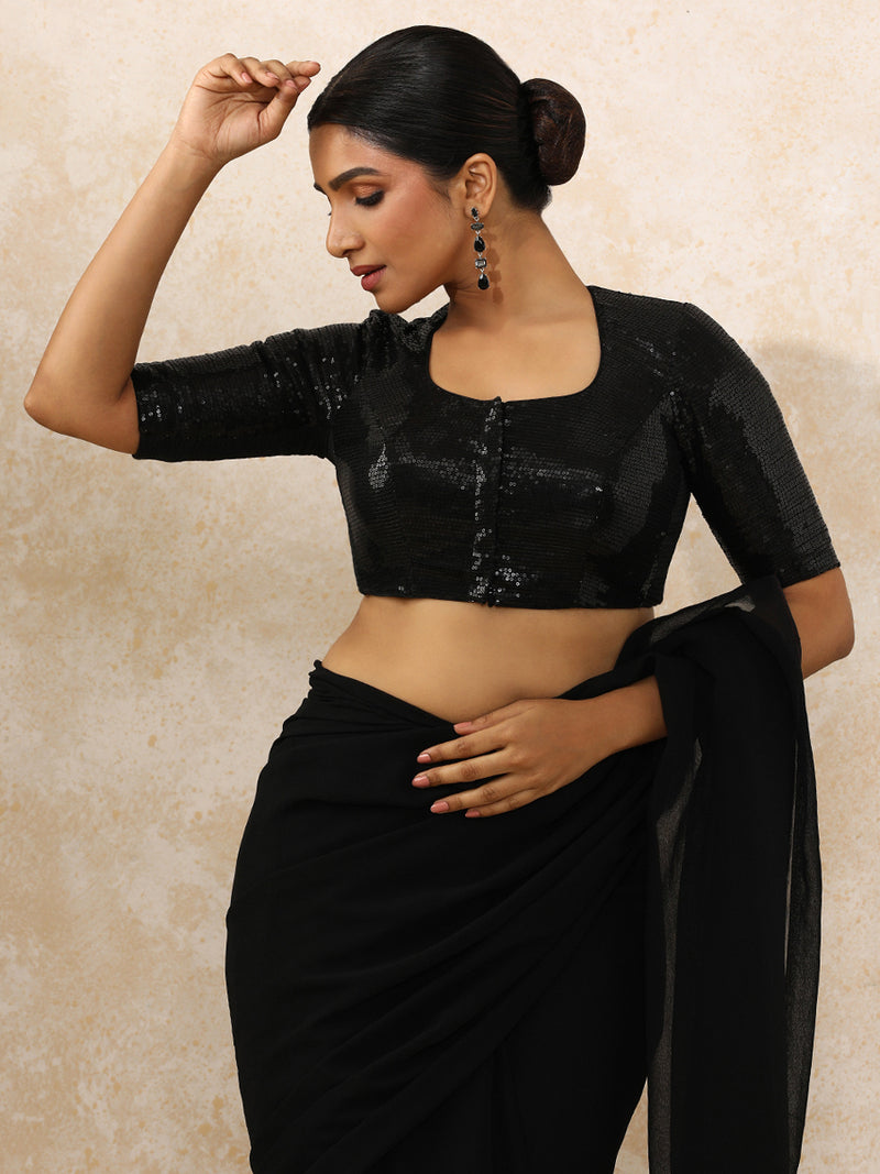Yashvi x Tyohaar | Elbow Sleeves Black Sequined Saree Blouse with Pot Neck-Binks