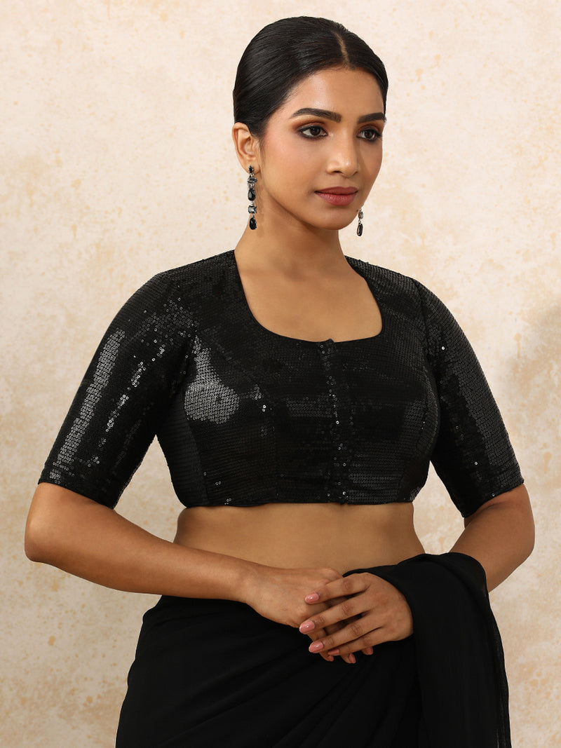 Yashvi x Tyohaar | Elbow Sleeves Black Sequined Saree Blouse with Pot Neck-Binks