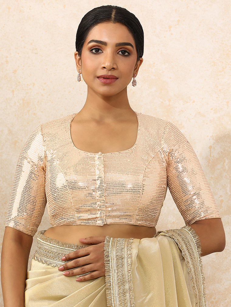 Yashvi x Tyohaar Saree Blouse, in Cream Sequin Fabric, featuring elbow sleeves and pot neckline, made for party & festive.