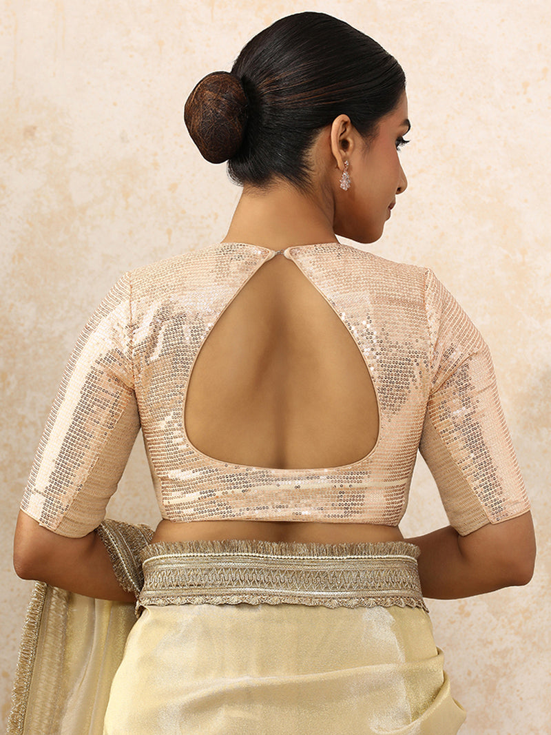 Yashvi x Tyohaar | Elbow Sleeves Champagne Sequined Saree Blouse with Pot Neck-Binks