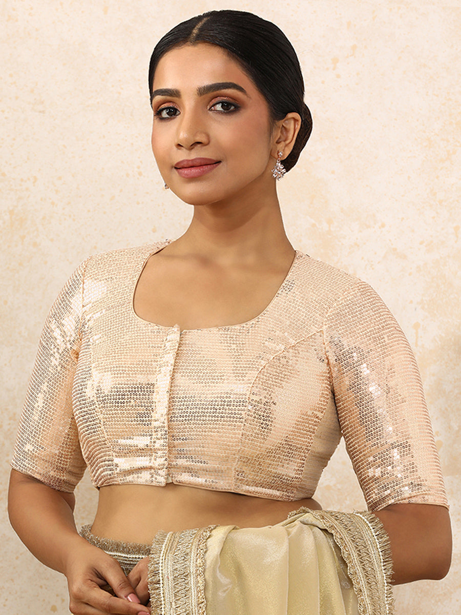 Yashvi x Tyohaar Saree Blouse, in Cream Sequin Fabric, featuring elbow sleeves and pot neckline, made for party & festive.