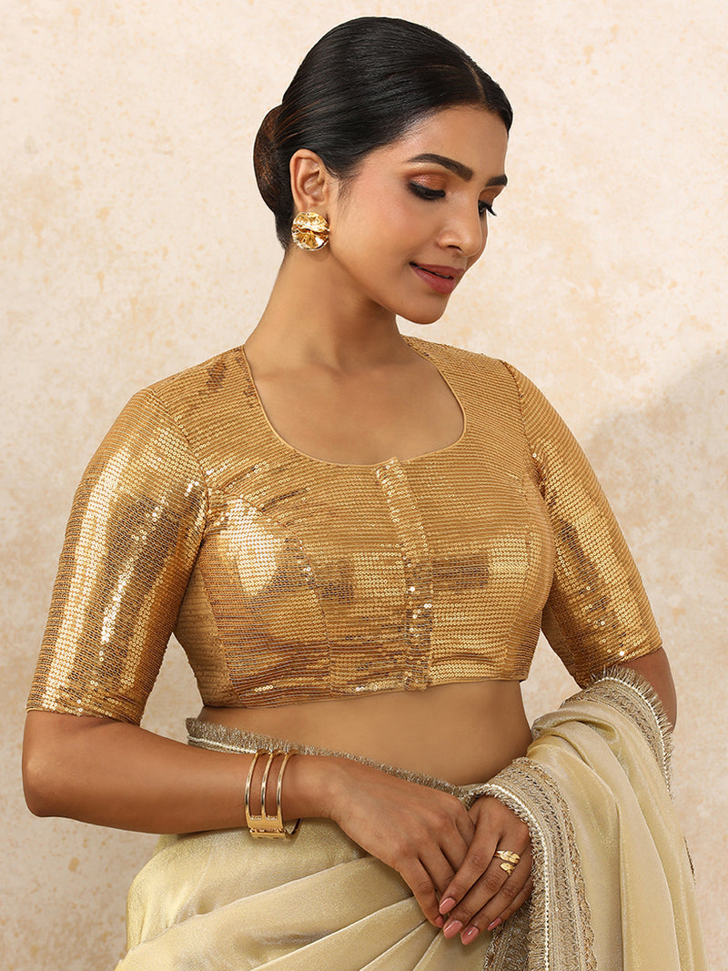 Yashvi x Tyohaar | Elbow Sleeves Gold Sequined Saree Blouse with Pot Neck-Binks