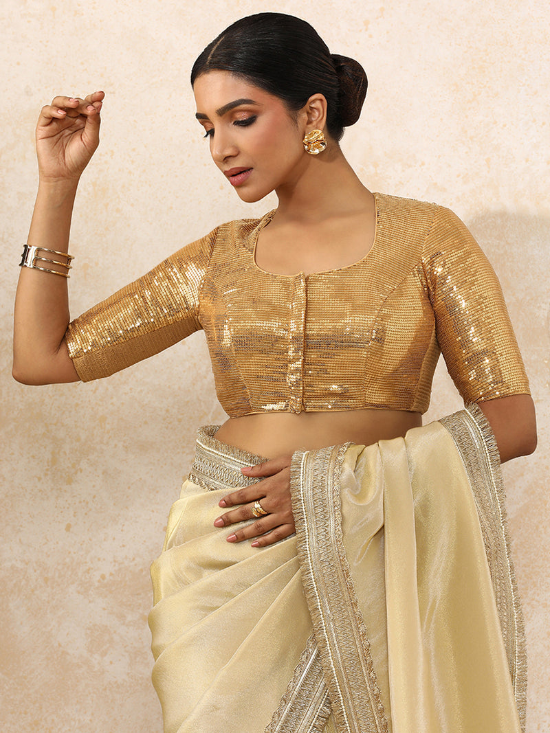 Yashvi x Tyohaar | Elbow Sleeves Gold Sequined Saree Blouse with Pot Neck-Binks