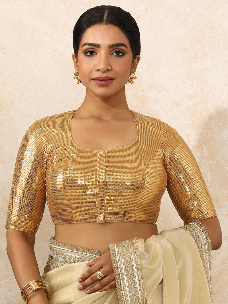 Yashvi x Tyohaar | Elbow Sleeves Gold Sequined Saree Blouse with Pot Neck-Binks