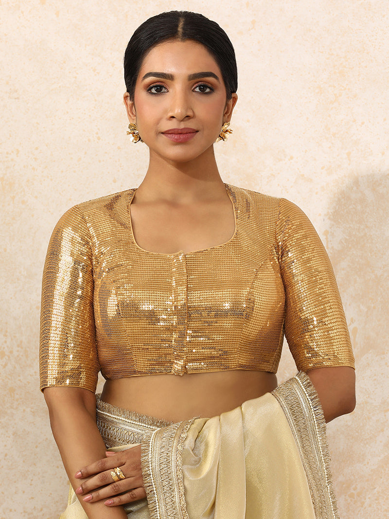 Yashvi x Tyohaar | Elbow Sleeves Gold Sequined Saree Blouse with Pot Neck-Binks