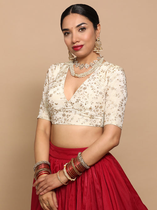 Yasmin x Tyohaar Saree Blouse, in Cream Embroidery & Brocade, featuring elbow sleeves and v-neckline.