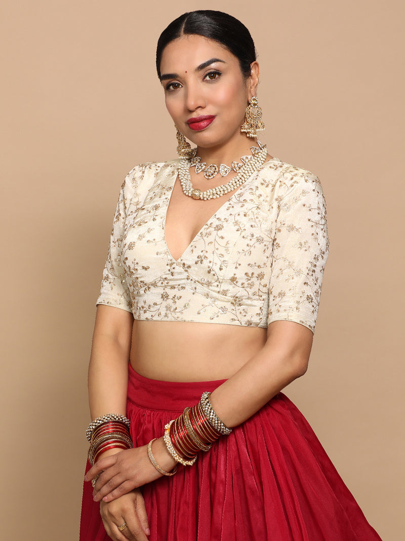 Yasmin x Tyohaar | Elbow Sleeves Satin Viscose Saree Blouse in Gold Vine Embroidery on Cream Tissue Fabric-Binks