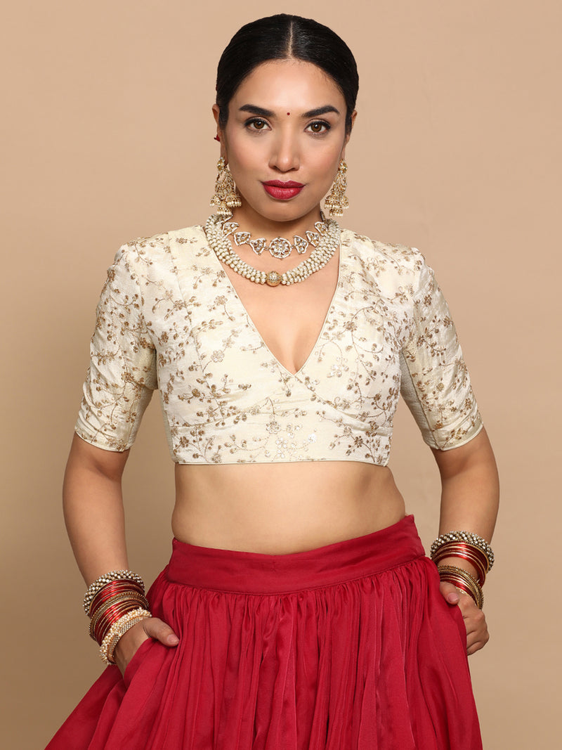 Yasmin x Tyohaar | Elbow Sleeves Satin Viscose Saree Blouse in Gold Vine Embroidery on Cream Tissue Fabric-Binks