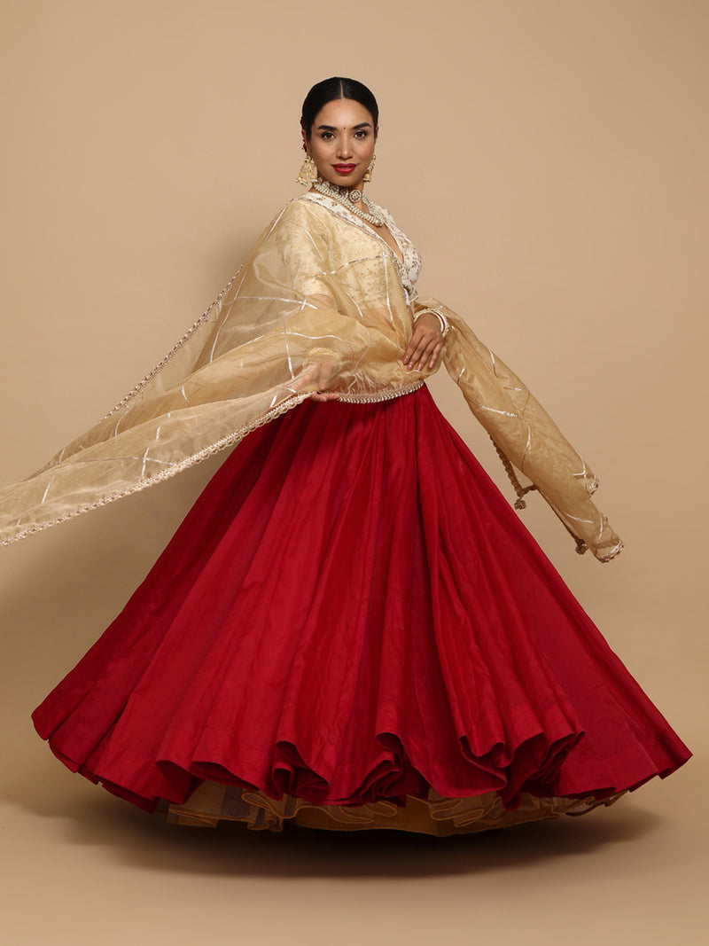 Yasmin x Tyohaar | Elbow Sleeves Satin Viscose Saree Blouse in Gold Vine Embroidery on Cream Tissue Fabric-Binks