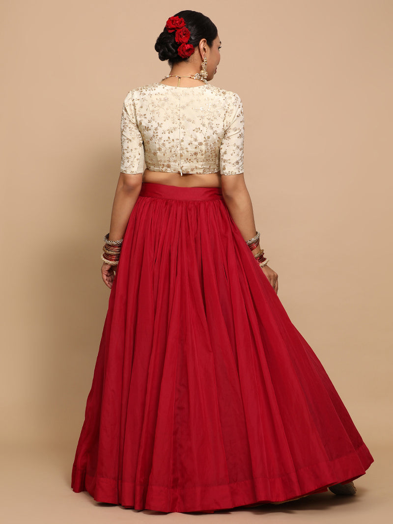 Yasmin x Tyohaar | Elbow Sleeves Satin Viscose Saree Blouse in Gold Vine Embroidery on Cream Tissue Fabric-Binks