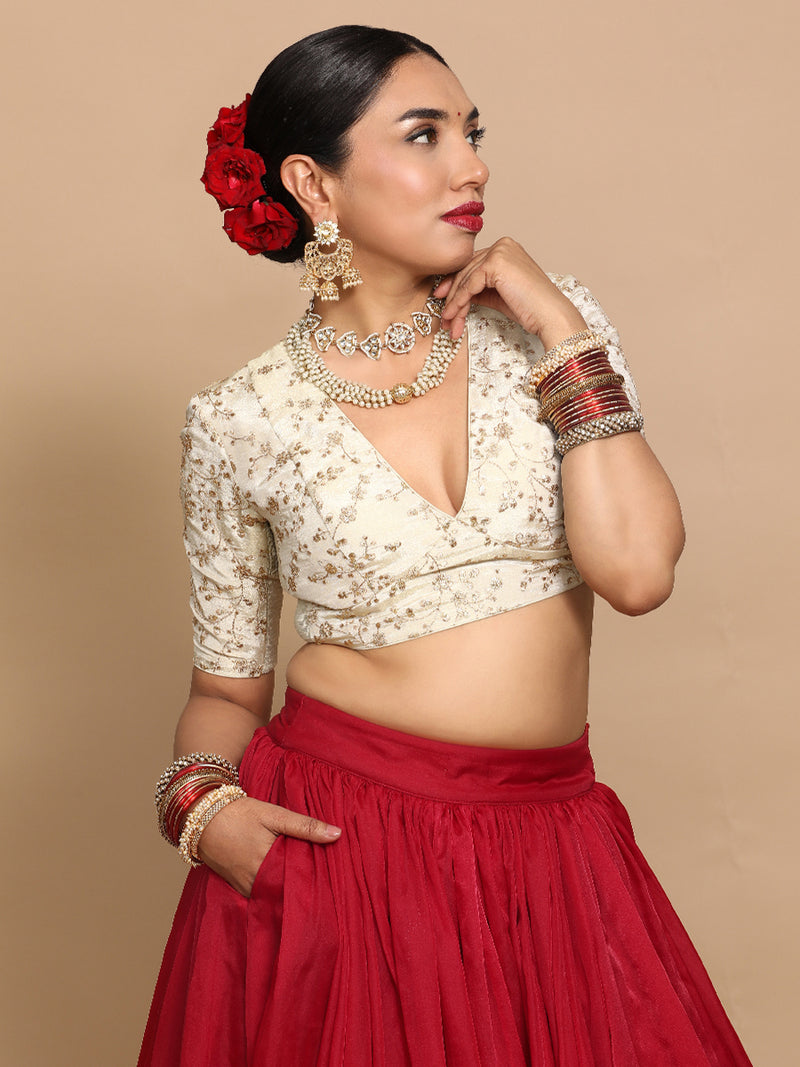 Yasmin x Tyohaar | Elbow Sleeves Satin Viscose Saree Blouse in Gold Vine Embroidery on Cream Tissue Fabric-Binks
