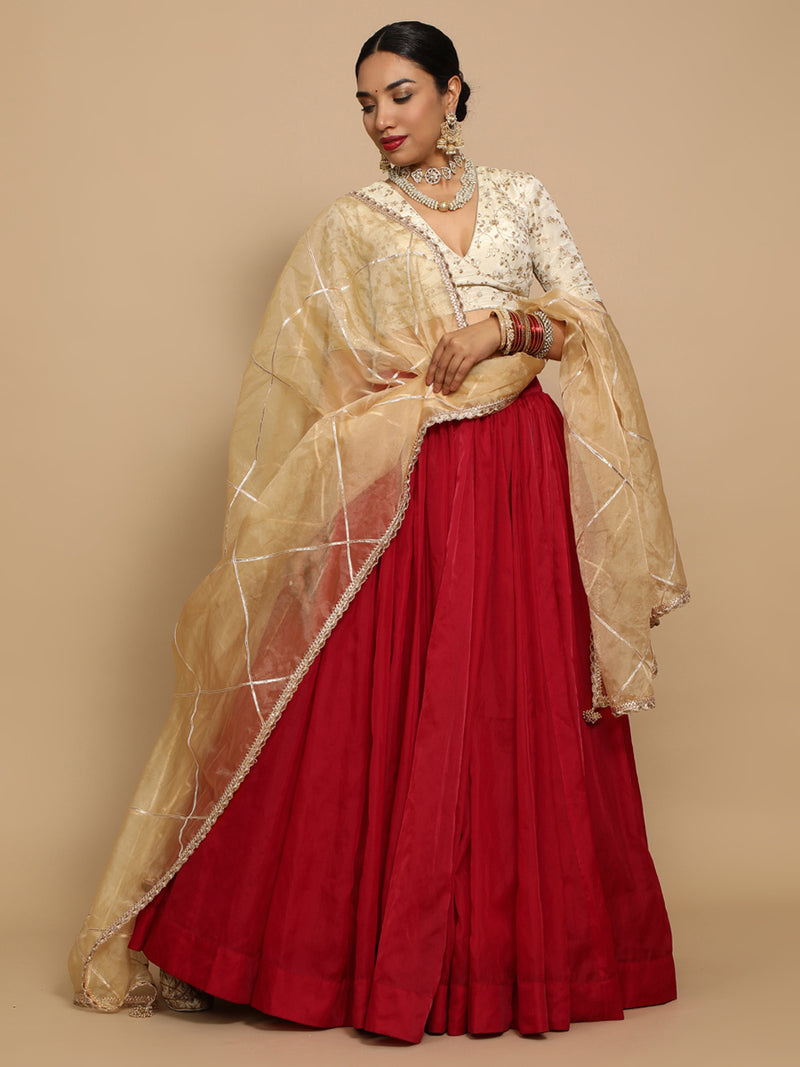 Yasmin x Tyohaar | Elbow Sleeves Satin Viscose Saree Blouse in Gold Vine Embroidery on Cream Tissue Fabric-Binks