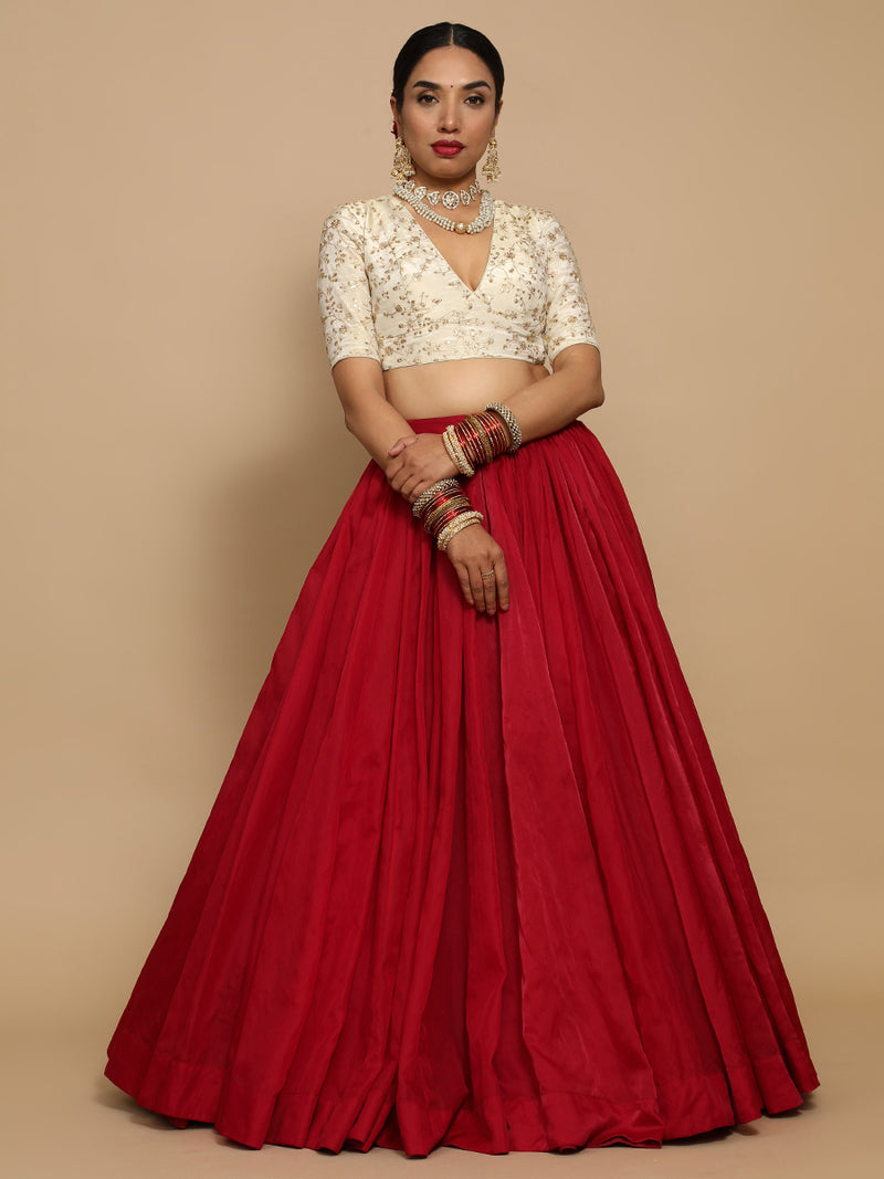 Yasmin x Tyohaar | Elbow Sleeves Satin Viscose Saree Blouse in Gold Vine Embroidery on Cream Tissue Fabric-Binks