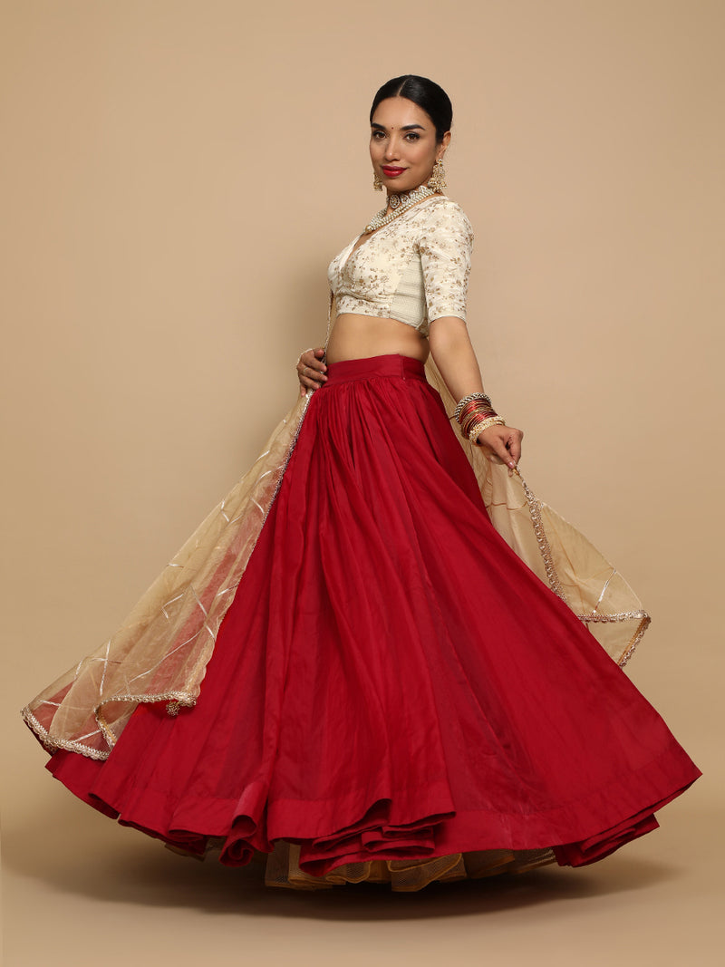 Yasmin x Tyohaar | Elbow Sleeves Satin Viscose Saree Blouse in Gold Vine Embroidery on Cream Tissue Fabric-Binks