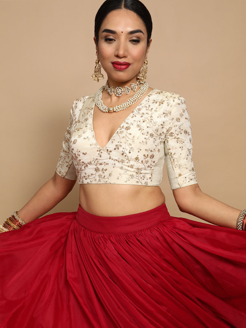 Yasmin x Tyohaar | Elbow Sleeves Satin Viscose Saree Blouse in Gold Vine Embroidery on Cream Tissue Fabric-Binks