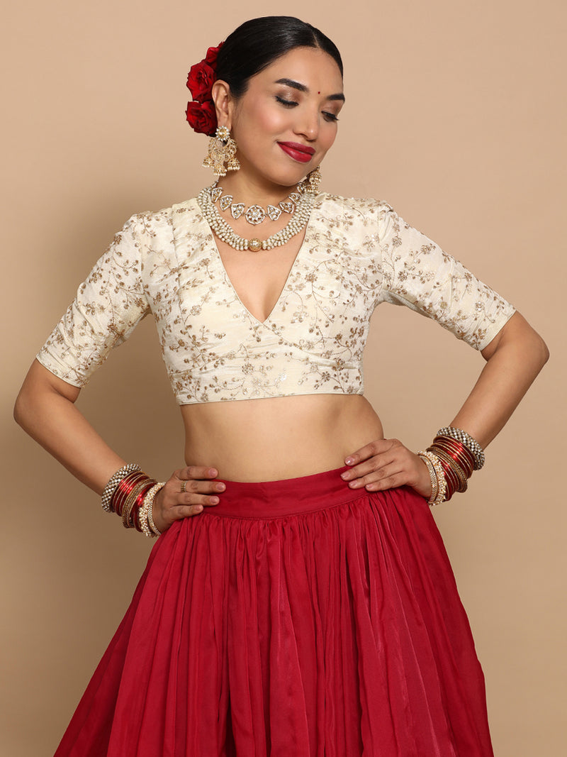 Yasmin x Tyohaar | Elbow Sleeves Satin Viscose Saree Blouse in Gold Vine Embroidery on Cream Tissue Fabric-Binks