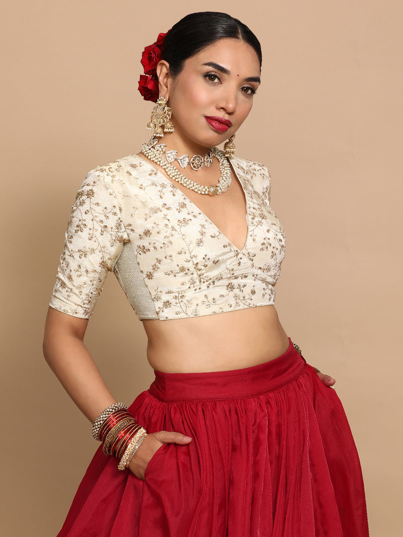 Yasmin x Tyohaar | Elbow Sleeves Satin Viscose Saree Blouse in Gold Vine Embroidery on Cream Tissue Fabric-Binks