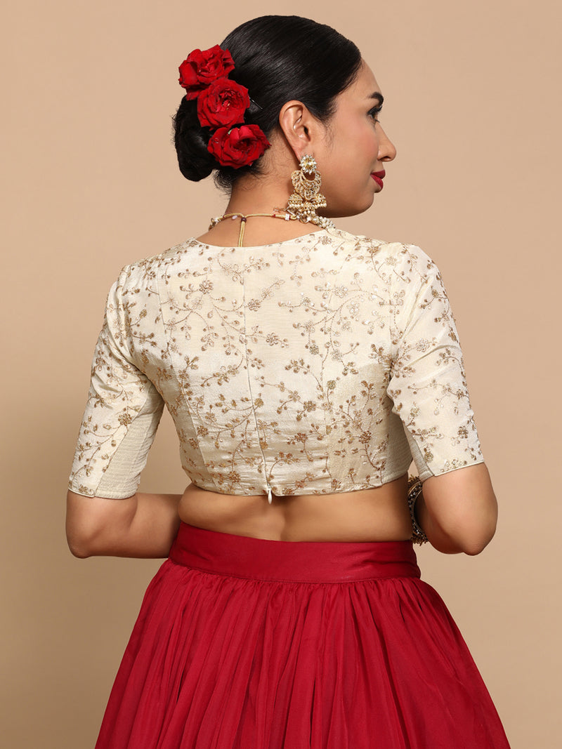 Yasmin x Tyohaar | Elbow Sleeves Satin Viscose Saree Blouse in Gold Vine Embroidery on Cream Tissue Fabric-Binks