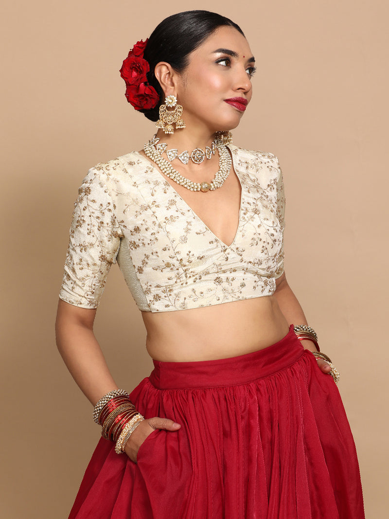 Yasmin x Tyohaar | Elbow Sleeves Satin Viscose Saree Blouse in Gold Vine Embroidery on Cream Tissue Fabric-Binks