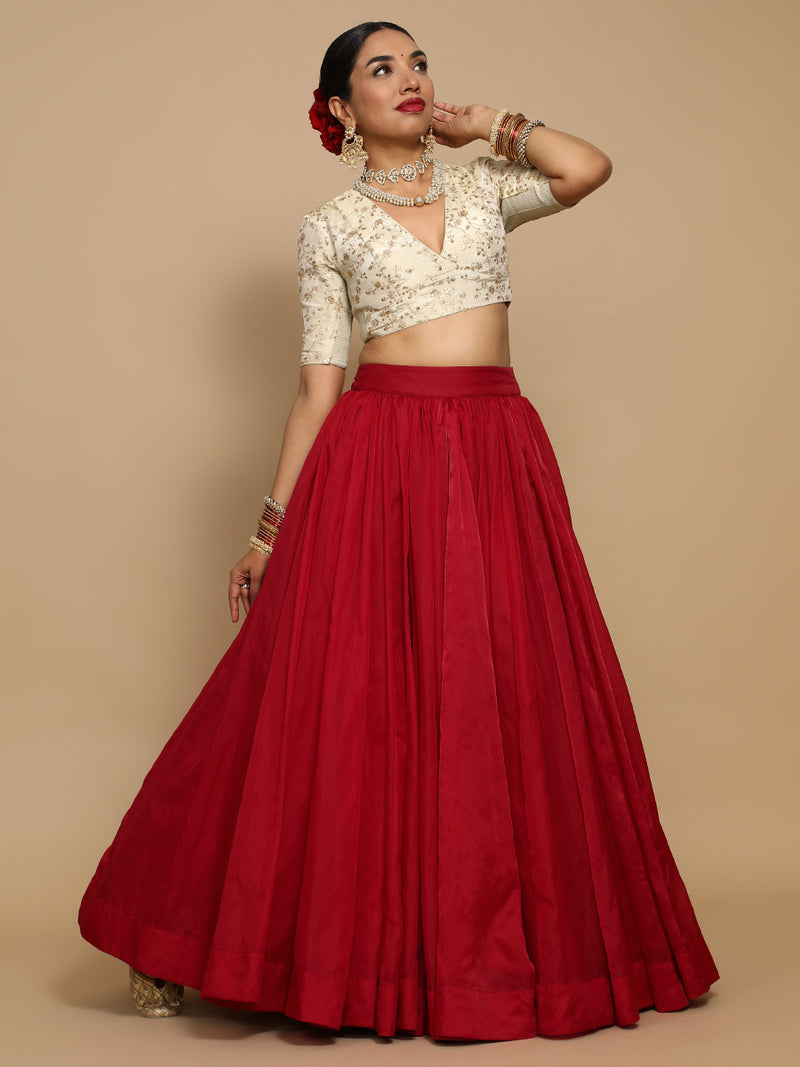 Yasmin x Tyohaar | Elbow Sleeves Satin Viscose Saree Blouse in Gold Vine Embroidery on Cream Tissue Fabric-Binks