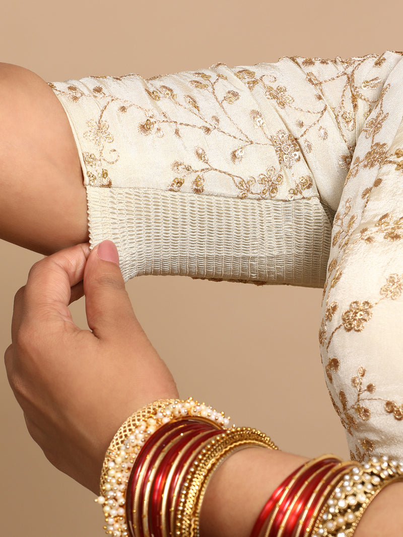 Yasmin x Tyohaar | Elbow Sleeves Satin Viscose Saree Blouse in Gold Vine Embroidery on Cream Tissue Fabric-Binks