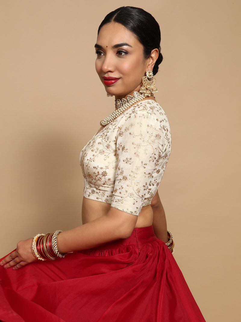 Yasmin x Tyohaar | Elbow Sleeves Satin Viscose Saree Blouse in Gold Vine Embroidery on Cream Tissue Fabric-Binks