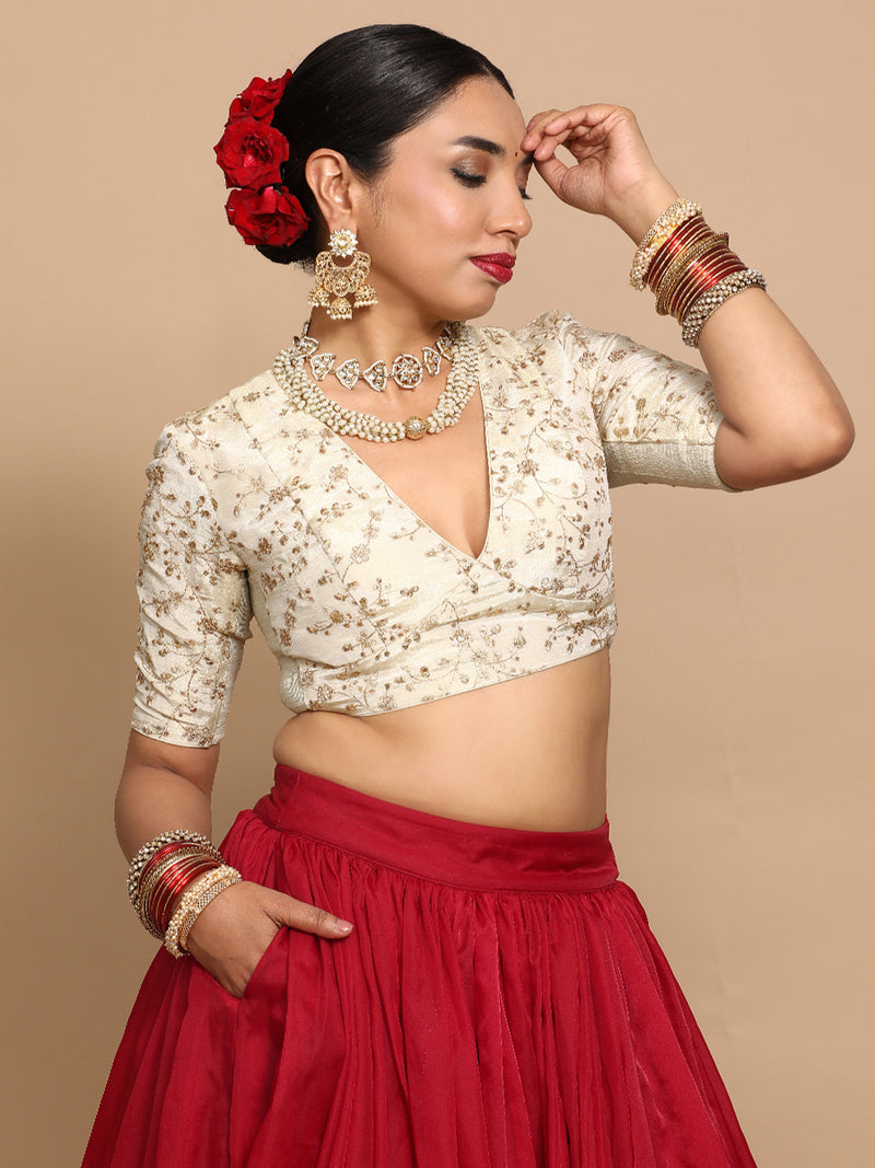 Yasmin x Tyohaar | Elbow Sleeves Satin Viscose Saree Blouse in Gold Vine Embroidery on Cream Tissue Fabric-Binks