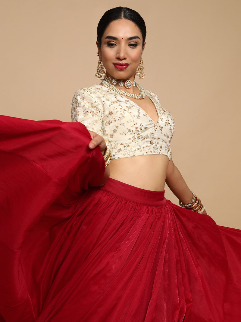 Yasmin x Tyohaar | Elbow Sleeves Satin Viscose Saree Blouse in Gold Vine Embroidery on Cream Tissue Fabric-Binks