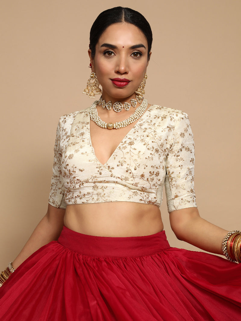 Yasmin x Tyohaar | Elbow Sleeves Satin Viscose Saree Blouse in Gold Vine Embroidery on Cream Tissue Fabric-Binks