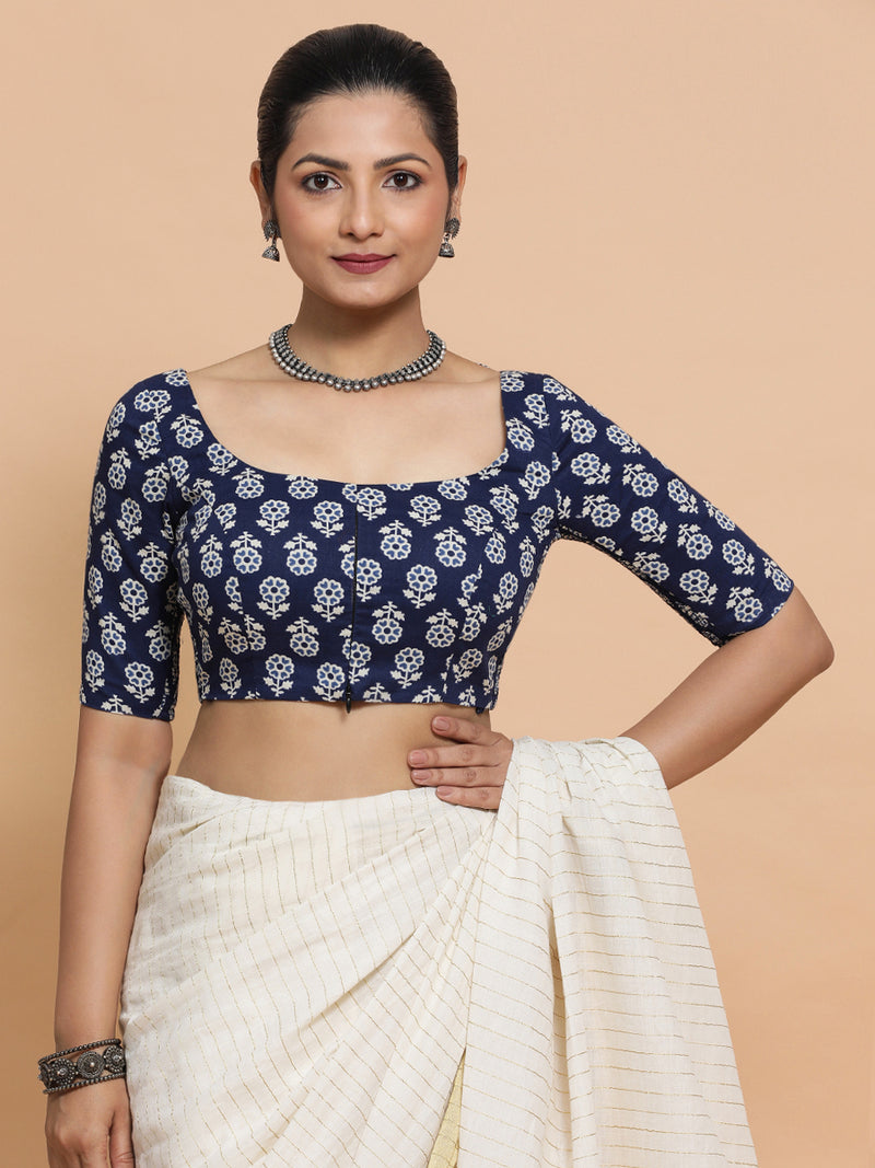 Yukta x Rozaana | Elbow Sleeves Cotton Saree Blouse in Indigo Blue Flower Block Print Fabric-Binks