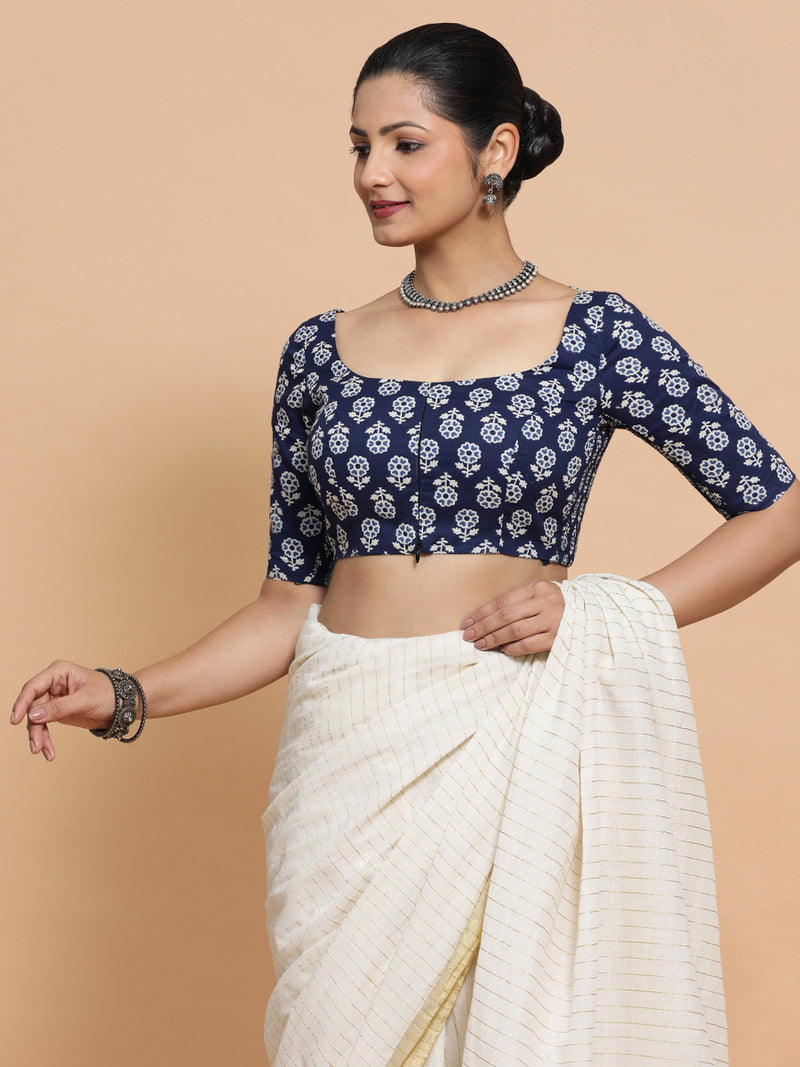 Yukta x Rozaana | Elbow Sleeves Cotton Saree Blouse in Indigo Blue Flower Block Print Fabric-Binks