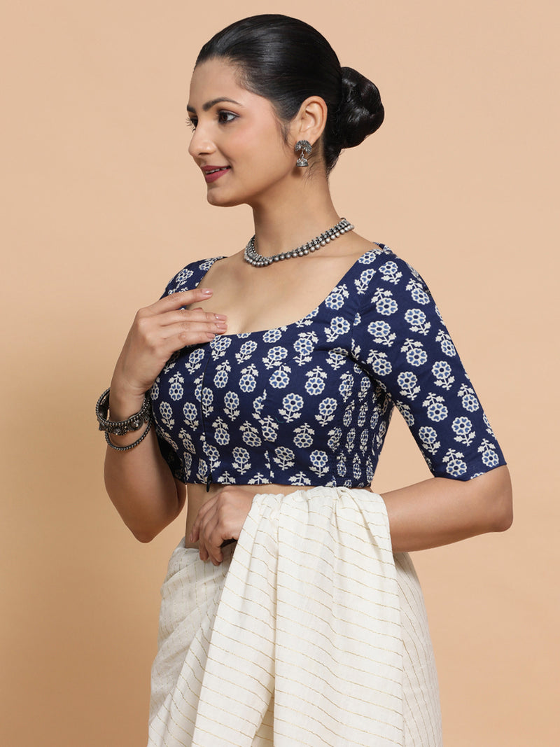Yukta x Rozaana | Elbow Sleeves Cotton Saree Blouse in Indigo Blue Flower Block Print Fabric-Binks