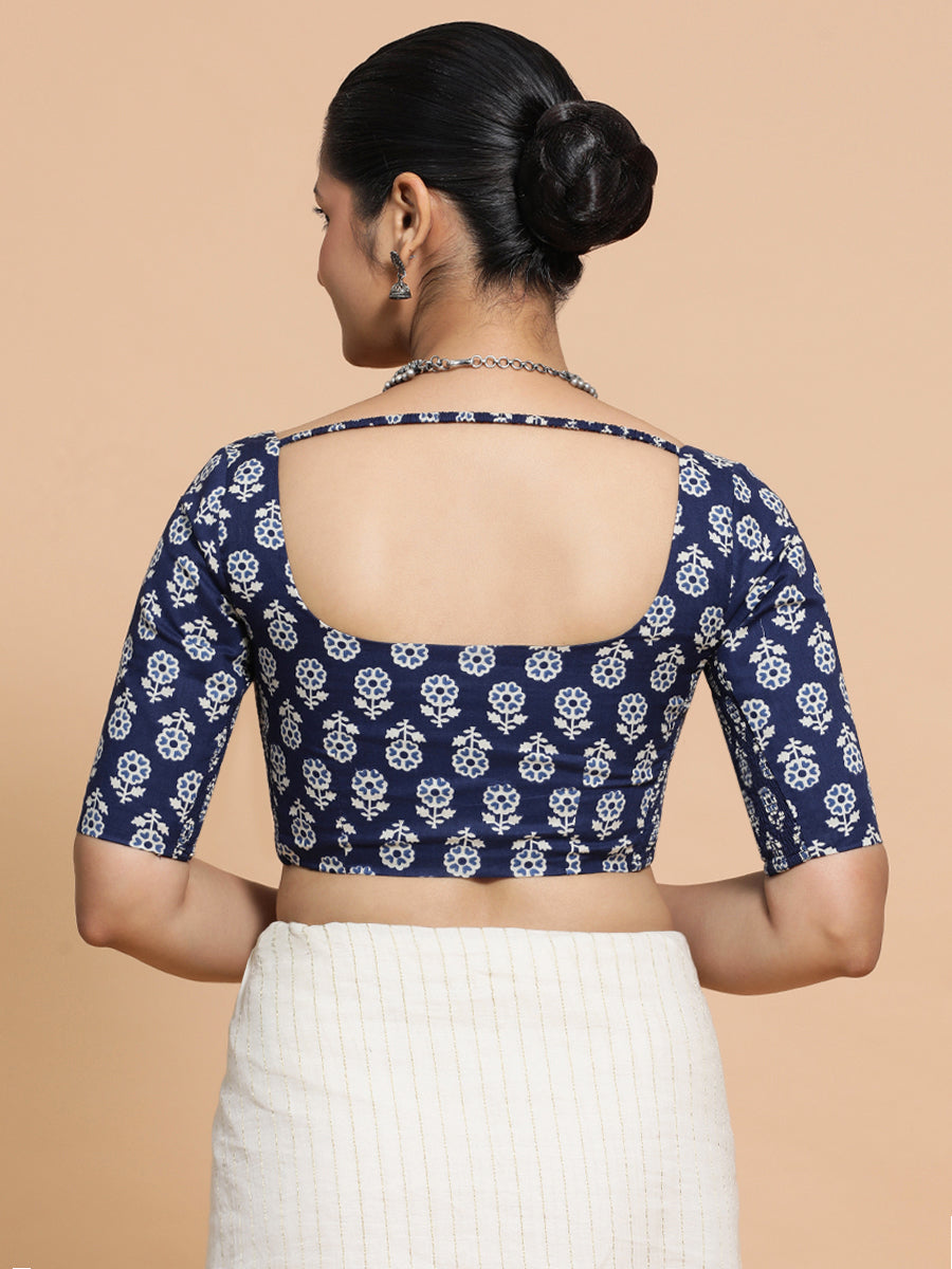 Yukta x Rozaana Saree Blouse, in Blue Cotton, featuring elbow sleeves and scoop neckline, made for daily & work (view 2).