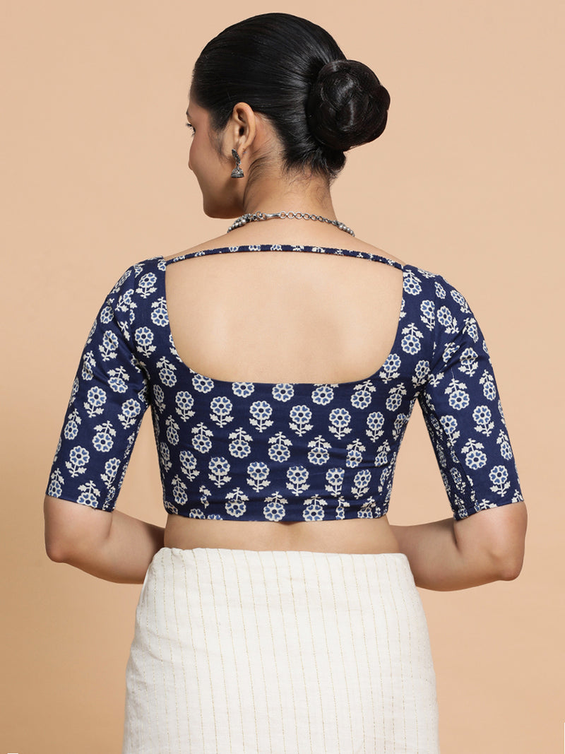 Yukta x Rozaana | Elbow Sleeves Cotton Saree Blouse in Indigo Blue Flower Block Print Fabric-Binks