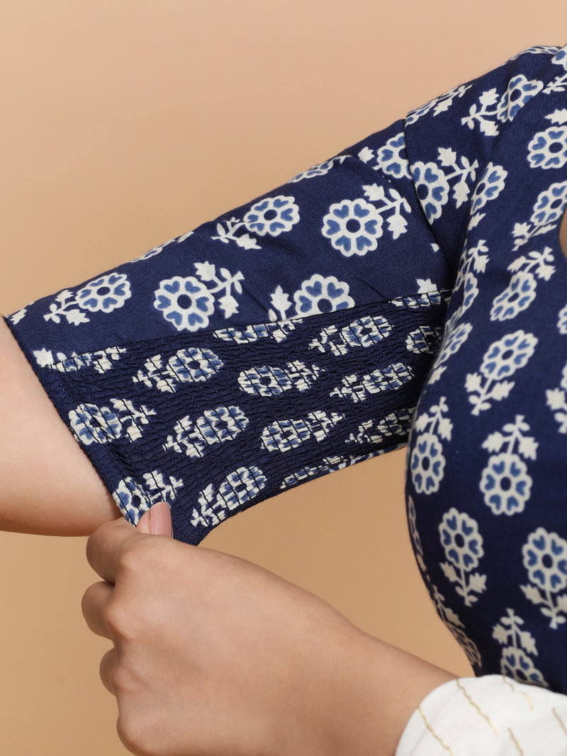 Yukta x Rozaana | Elbow Sleeves Cotton Saree Blouse in Indigo Blue Flower Block Print Fabric-Binks