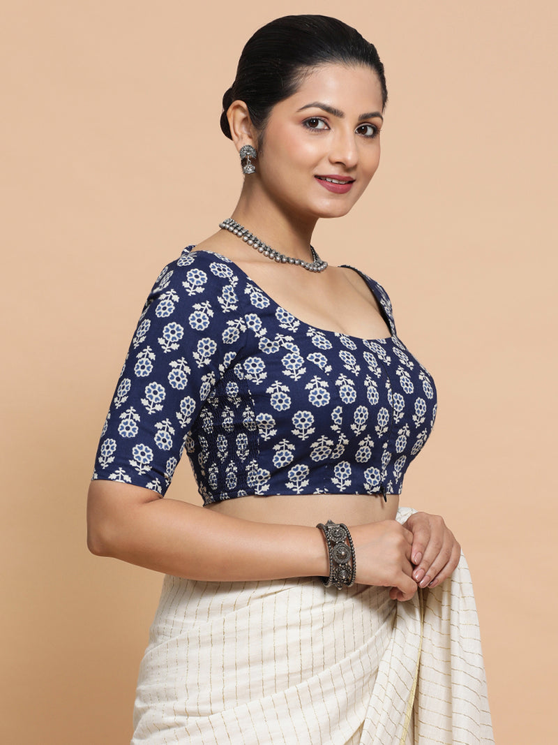 Yukta x Rozaana | Elbow Sleeves Cotton Saree Blouse in Indigo Blue Flower Block Print Fabric-Binks