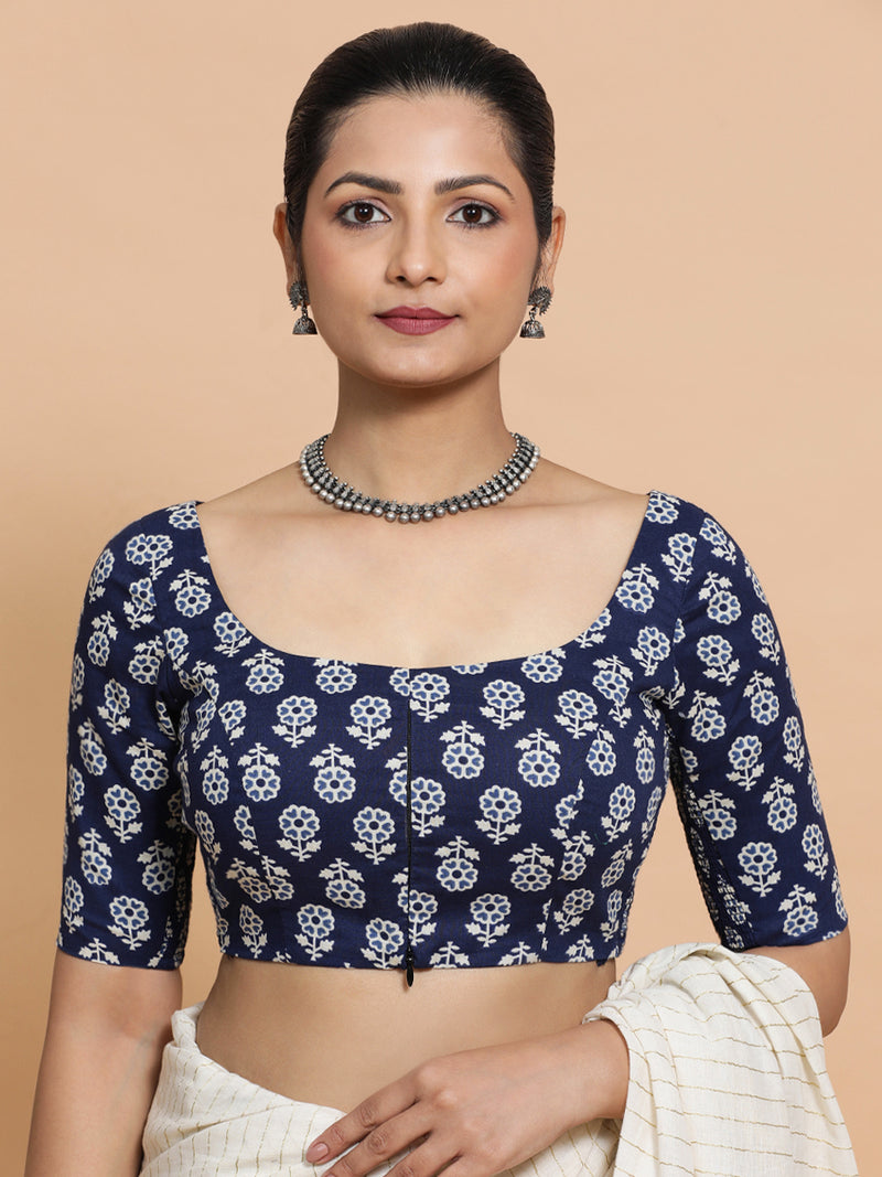 Yukta x Rozaana | Elbow Sleeves Cotton Saree Blouse in Indigo Blue Flower Block Print Fabric-Binks