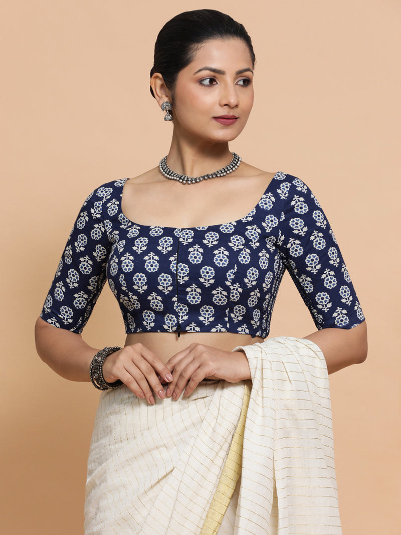 Yukta x Rozaana | Elbow Sleeves Cotton Saree Blouse in Indigo Blue Flower Block Print Fabric-Binks