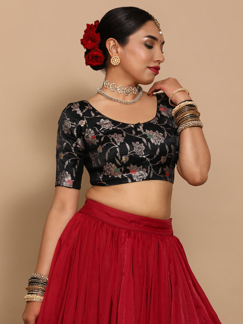 Zaina x Tyohaar | Elbow Sleeves Satin Viscose Saree Blouse in Black Meenakari Fabric-Binks