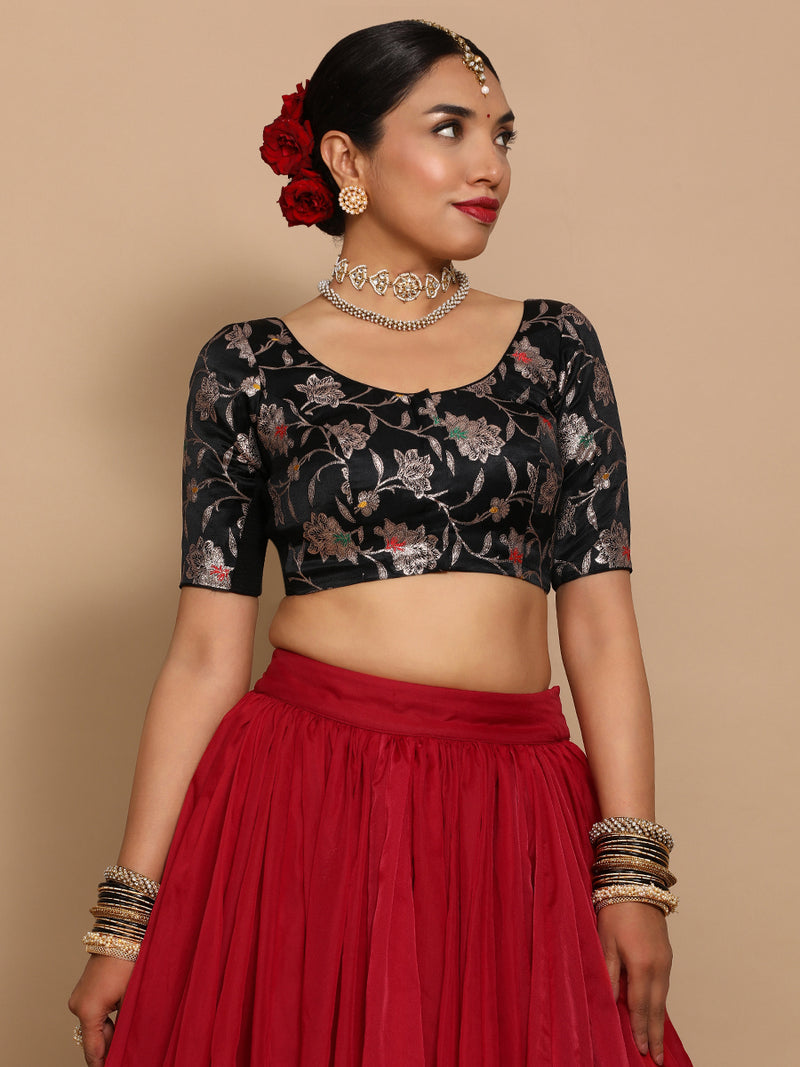 Zaina x Tyohaar | Elbow Sleeves Satin Viscose Saree Blouse in Black Meenakari Fabric-Binks