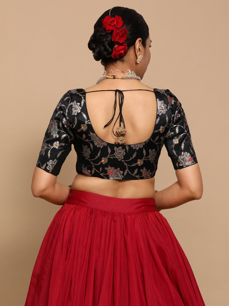 Zaina x Tyohaar | Elbow Sleeves Satin Viscose Saree Blouse in Black Meenakari Fabric-Binks