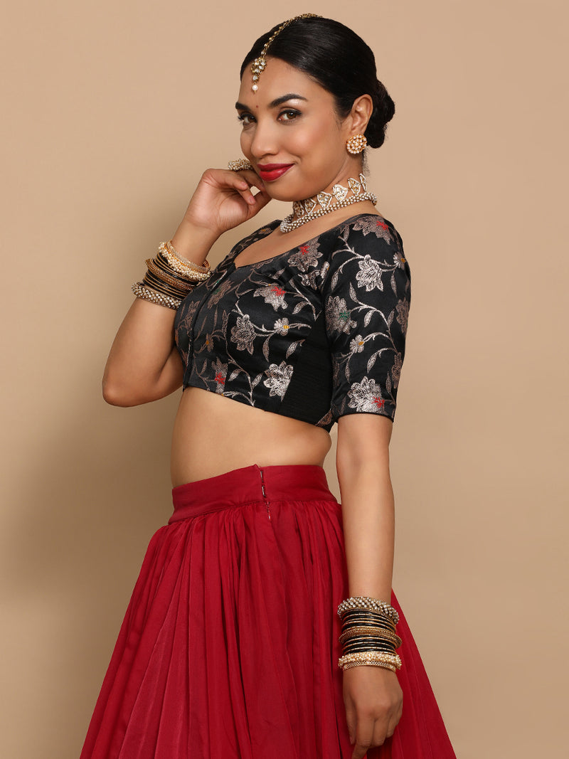Zaina x Tyohaar | Elbow Sleeves Satin Viscose Saree Blouse in Black Meenakari Fabric-Binks