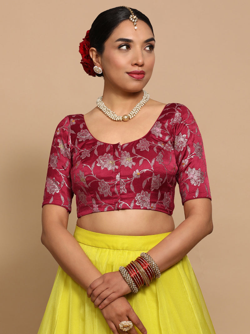 Zaina x Tyohaar | Elbow Sleeves Satin Viscose Saree Blouse in Red Meenakari Fabric-Binks
