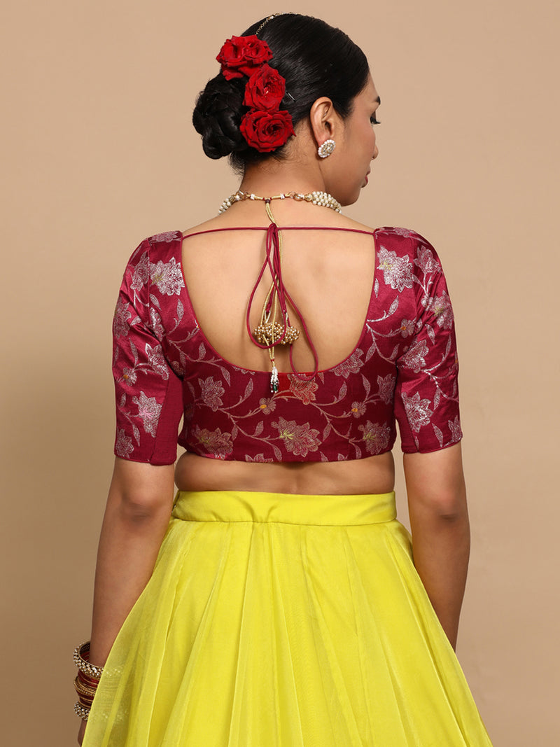 Zaina x Tyohaar | Elbow Sleeves Satin Viscose Saree Blouse in Red Meenakari Fabric-Binks