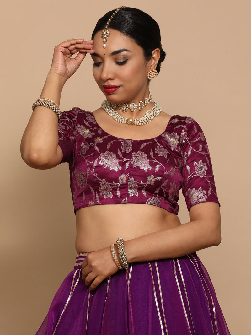 Zaina x Tyohaar | Elbow Sleeves Satin Viscose Saree Blouse in Violet Meenakari Fabric-Binks