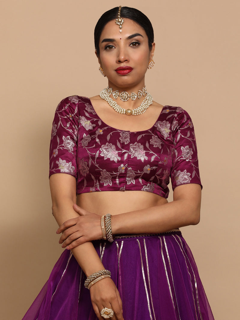 Zaina x Tyohaar | Elbow Sleeves Satin Viscose Saree Blouse in Violet Meenakari Fabric-Binks