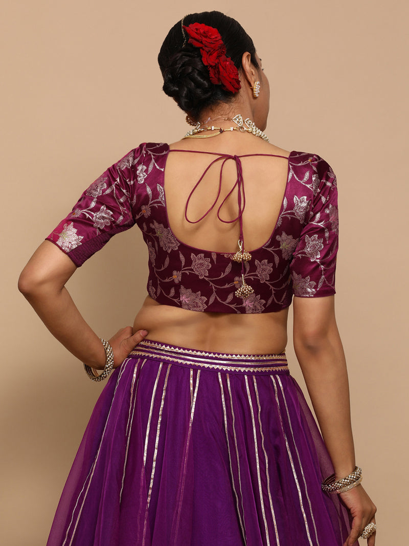 Zaina x Tyohaar | Elbow Sleeves Satin Viscose Saree Blouse in Violet Meenakari Fabric-Binks