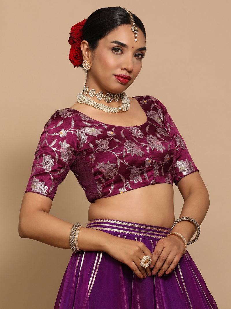 Zaina x Tyohaar | Elbow Sleeves Satin Viscose Saree Blouse in Violet Meenakari Fabric-Binks
